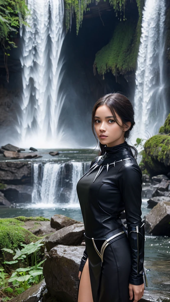A beautiful girl transformed into a black panther stands next to a waterfall
