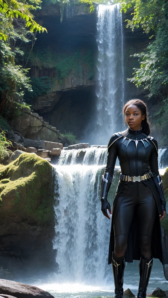 A beautiful girl transformed into a black panther stands next to a waterfall