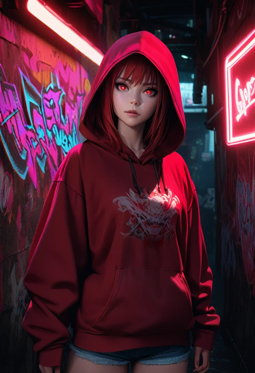 1girl, red hair, red pupils, red hoodie, wearing the hood, jean shorts, dark alley background, japanese graffiti background, red led background, detailed face, high quality, 8k, photorealistic, dramatic lighting, cinematic, neon lights, moody atmosphere, cyberpunk aesthetic, hyper-detailed