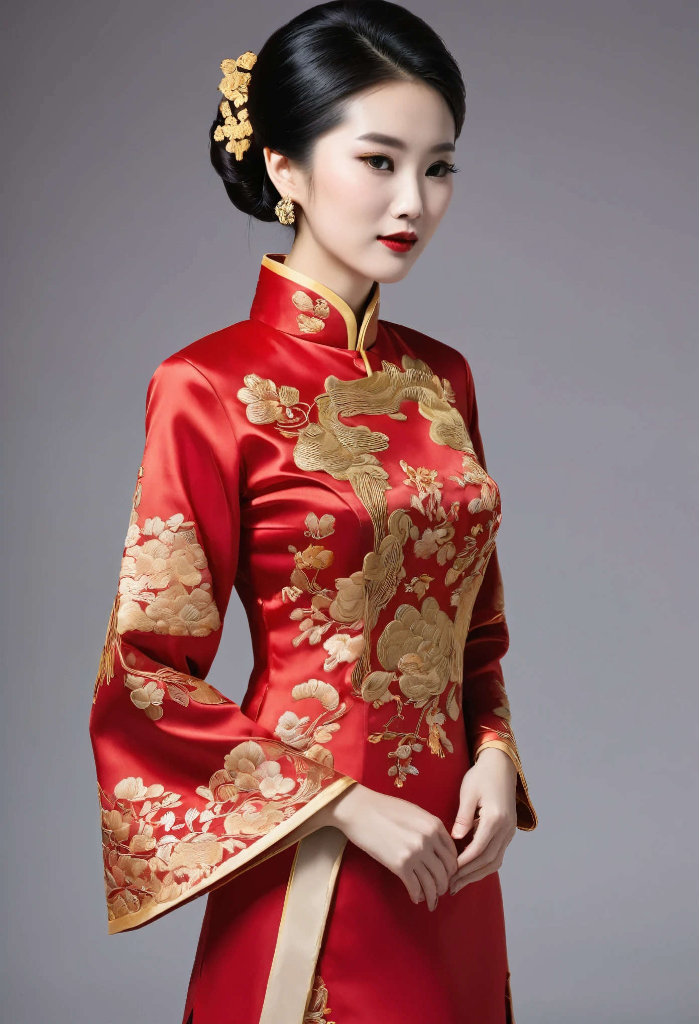 a woman, Cheongsam, Stuffed collar, garment with deep horizontal slits, gold embroidery on red fabric,