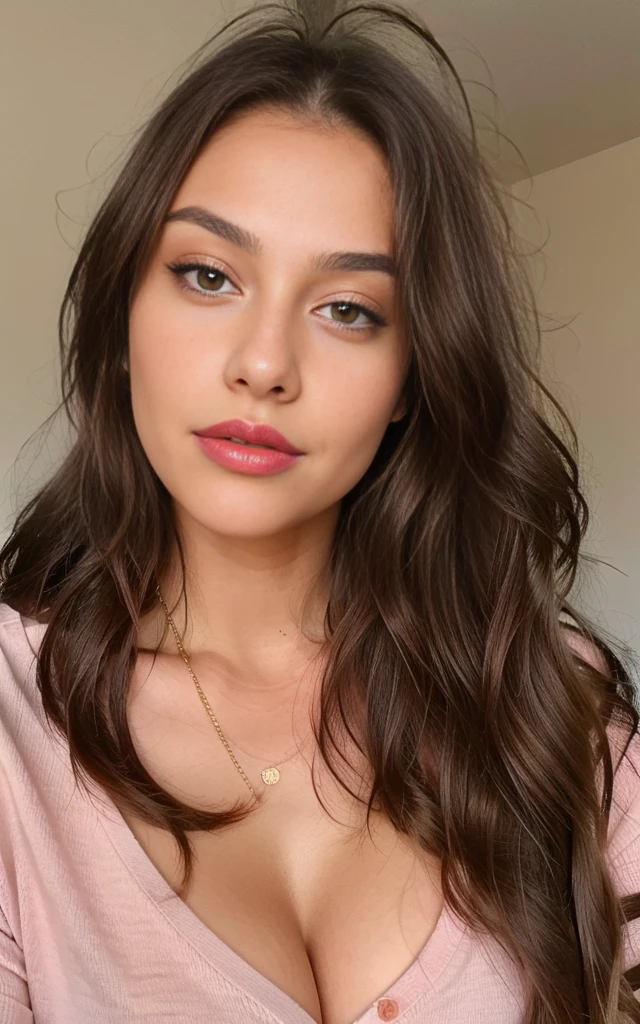 instagram photo shooting, 21yo American woman using a blush stick, hands holding a lipstick,long hair, brown hair, closeup portrait, shirt, cleavage, tan skin, hard shadows