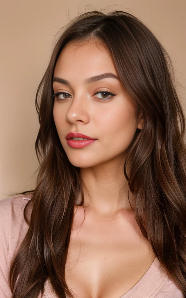 instagram photo shooting, 21yo American woman using a blush stick, hands holding a lipstick,long hair, brown hair, closeup portrait, shirt, cleavage, tan skin, hard shadows