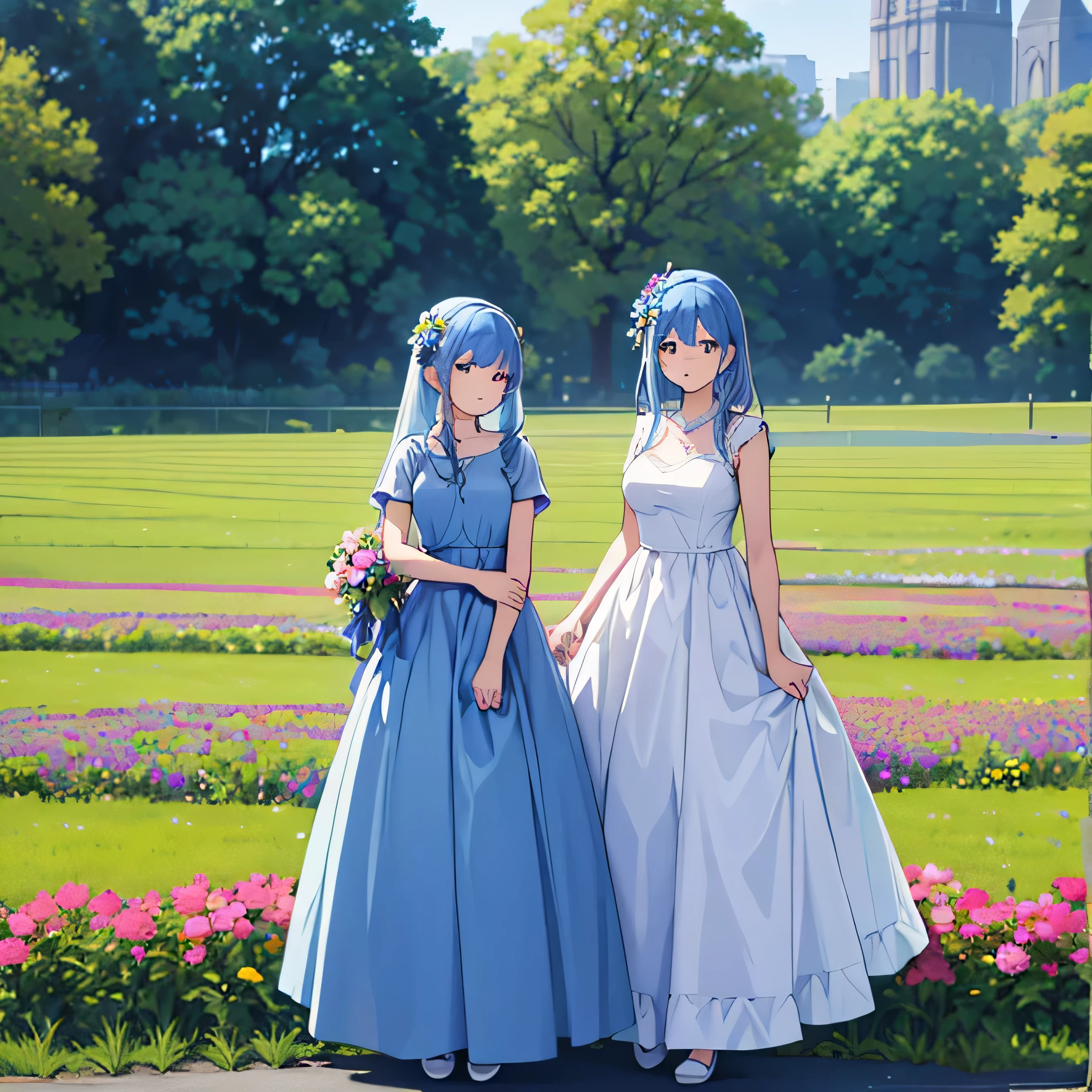 high resolution, 4k, 8k, two female twin sisters, blue hair, formal flowery dress, standing in a beautiful field of flowers