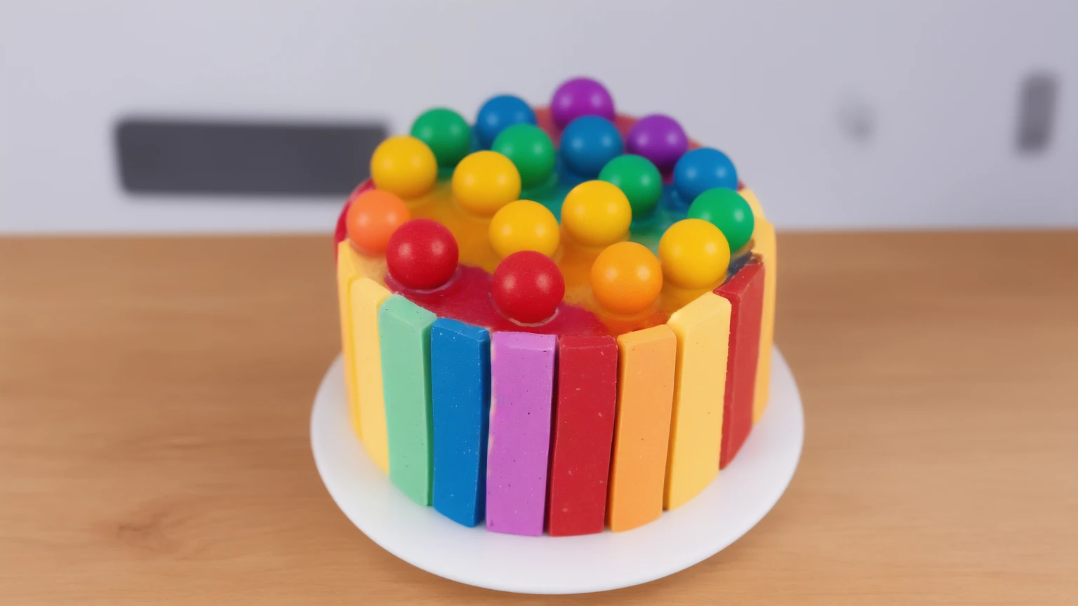 on a wooden table, on a white porcelain plate, a tiny cake, the walls of the cake are made of multi-colored chocolate bars, on top are multi-colored cream stripes, multi-colored candies in the form of balls, realistic texture, realistic style, detailed texture, high quality, high resolution, high quality rendering, realistic photo, brightning light, macro photo, ultra hd 4k