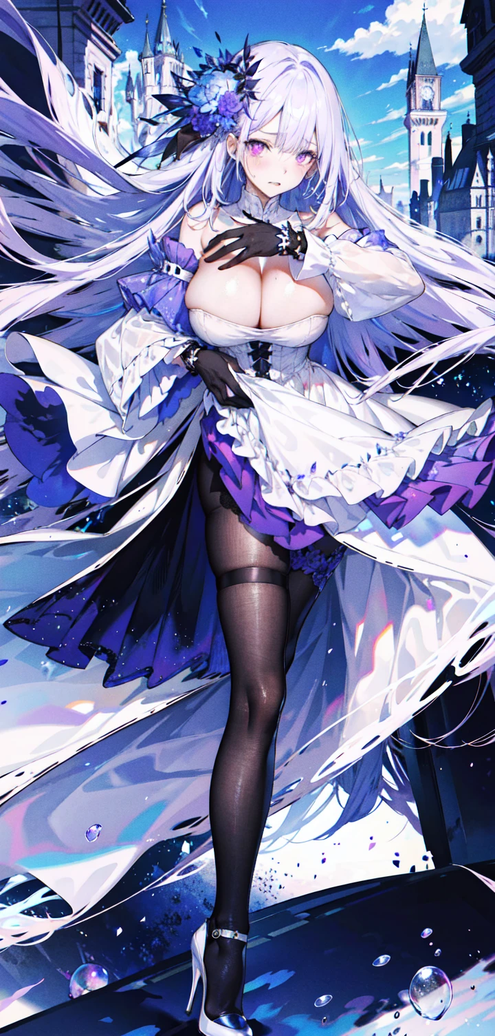 ((masterpiece:1.4,best quality)),(Super detailed),(Extremely detailed eyes),(Shiny socks:1.5),Hello Darkness
(Cute girls),,(Blood-red pupils,Diamond-shaped pupil:1.15),Purple Eyeshadow,(elongated hair,Thick hair,Single ponytail,shiny hair:1.5)(Changes through:1.2),despair,sad,Empty eyes,tears streaming down my face,tilting its head to the side,
(She wore a blue dress,:1.5),(Black gloves:1.4)Very long plush sleeves,White,White Cloud,Dream bubbles ,Ice and glitter effects
(Black long skirt:1.1),
((Starry Sky:1.2)),
(Intense black and white:1.16),(Depth of Field:1.4),,Intricate details,(((Detailed background,Castle in the Sky,Purple flowers by the lake))),(((Huge breasts,Bare breasts,Deep cleavage,White stiletto high heels,Transparent clothes)))