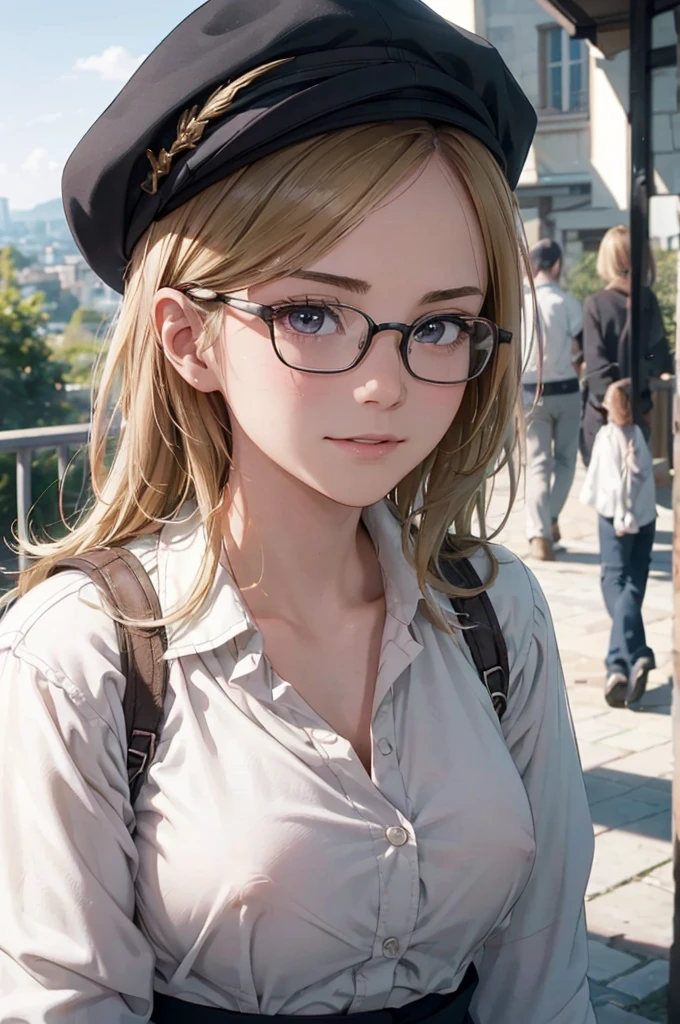 最high quality, high quality, High resolution, high quality texture, high quality shadows, High resolution, Beautiful details, Detailed CG, Detailed Texture, Realistic representation of face, Realistic, colorful, delicate, Cinematic Light, Side light, Lens flare, Ray Tracing, sharp concentrated, (1 Girl,concentrated:1.3), ( Intricate details, compensate, PureErosFaceV1:0.5), (細部まで美しいdelicateな顔, 緻密で美しいdelicateな瞳, Perfect Facial Proportions, Dense skin, Optimal ratio of four fingers to one thumb, Modest chest, Beautiful Hips, Smooth upper abdomen, blue eyes , glasses ,White shirt, mountaineering pants ,trekking shoes, work cap, paris, Montmartre hill, walk,buzzer, blue sky,trekking backpack ,adventure journey ,the gaze of true love, lips of temptation, A look full of compassion ,a smile full of love, i love you, Acting lovey-dovey, waist up, 35 years old, hiking,house wife,show off nipples under white shirt, air fortress hair, blonde hair