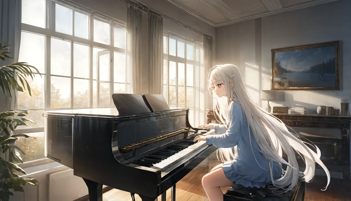 Girl playing piano,Long white hair,In front of a large window,It's raining outside