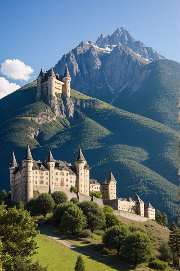 When walking in the sunny place, in front of you is a very impressive sight. In front of you is a small mountain.,On the top of the mountain you can see an abandoned old castle. The castle building is very large.,The roof structure is steep. Describe the scene in proper perspective.