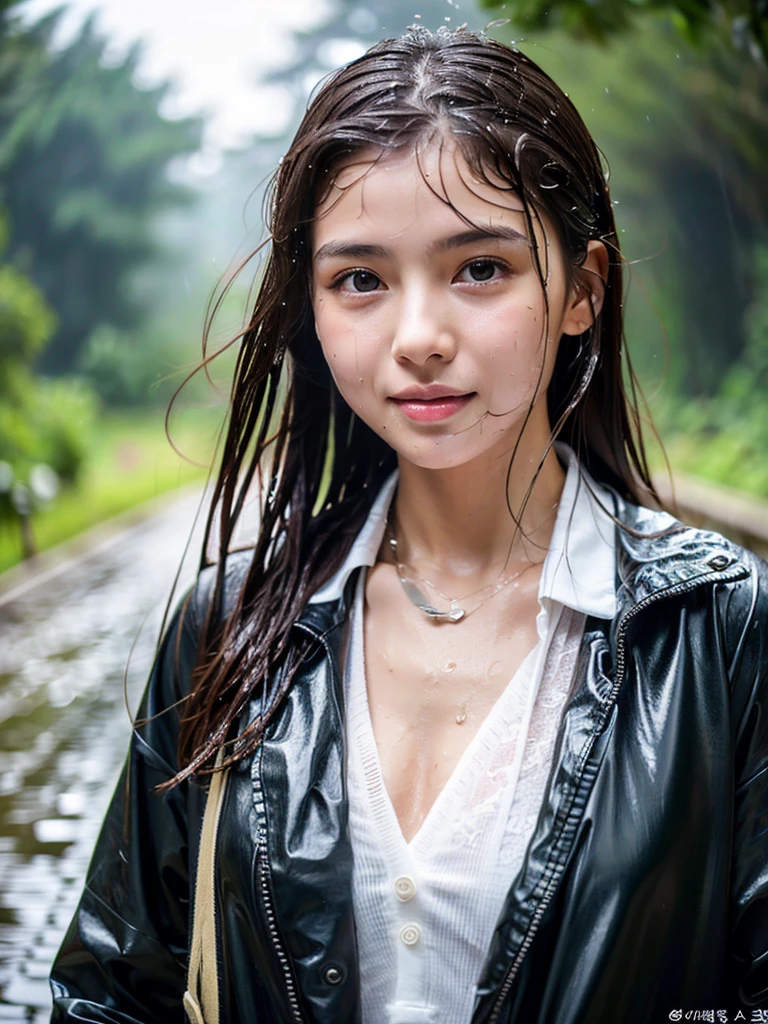 Wet roads ,drenched, Dripping, Wet Face,Wet clothes, Wet Skin, Wet Hair,A young woman with a cute face like an idol,chest,((Daytime)),(Natural light),(High level of artistry),(Artistic),(Quality indistinguishable from real life),RAW Photos,Genuine,Genuine,High resolution,RAW Photos,masterpiece, beautiful