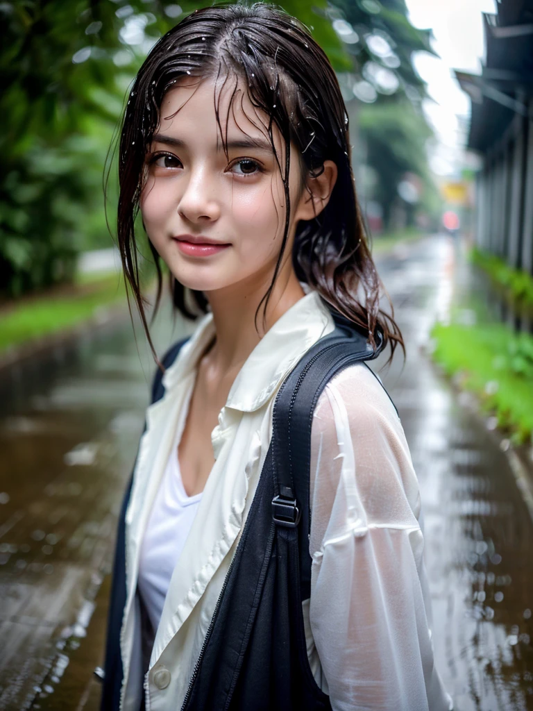 Wet roads ,drenched, Dripping, Wet Face,Wet clothes, Wet Skin, Wet Hair,A young woman with a cute face like an idol,chest,((Daytime)),(Natural light),(High level of artistry),(Artistic),(Quality indistinguishable from real life),RAW Photos,Genuine,Genuine,High resolution,RAW Photos,masterpiece, beautiful