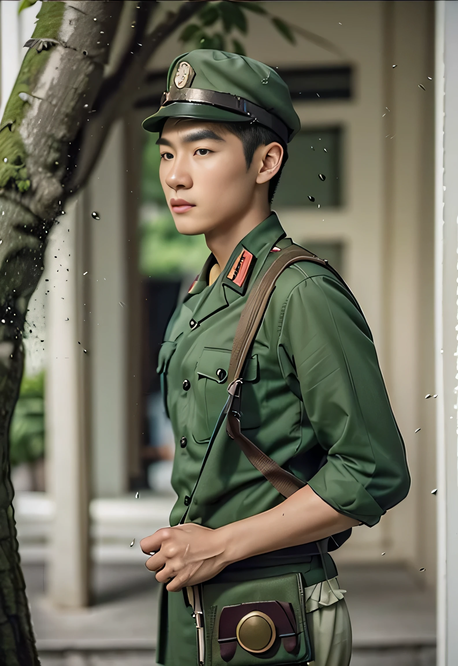 Highly realistic photo, ((masterpiece), (best quality), (raw photo), (photorealistic:1.4), The photo depicts a young Vietnamese man dressed in a vietnam military uniform. he is wearing a light-green cap with an emblem on the front and a matching light-green vietnam uniform that includes a shirt with epaulets and a strap over her shoulder, likely part of his gear or bag. His expression is serious and focused, looking slightly to his left. The background is dark and indistinct, drawing attention to his face and uniform. The image appears to be aged, with some visible damage and wear, suggesting it is an older photograph, photo taken by Sony A7IV
