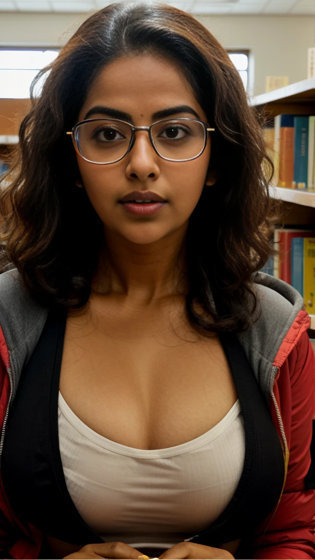 extreme closeup photo of ntg avika gor seductive look, deep cleavage, studying in library, nerd glasses, open jacket,