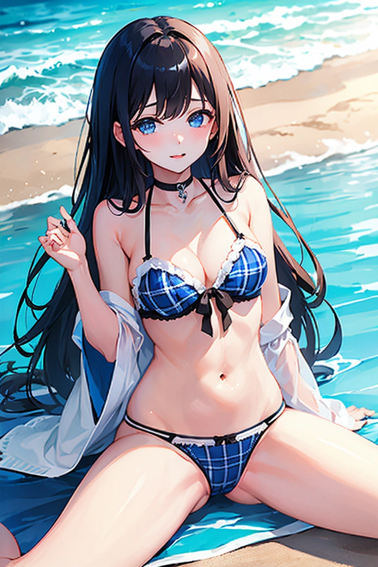 (((masterpiece、Highest quality、High resolution、sunlight、delicate)))Long black hair、Blue Eyes、coastal、Beach、Naughty look、White and blue plaid bra、White and blue plaid panties、Bend your legs、Woman&#39;s face、Hot Face、A slightly troubled look、Sweaty skin、blue sky、squat、Spread your legs、Underwear is visible、Embarrassing、Side Ponytail、Scrunchie