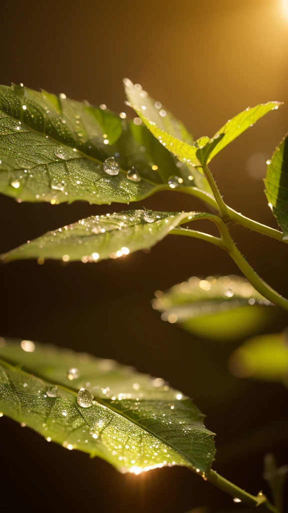 Summer Dream,Translucent leaves,Dreamy lighting,The scattered water drops float in the air and sparkle in the sun,HD,Details,Best quality