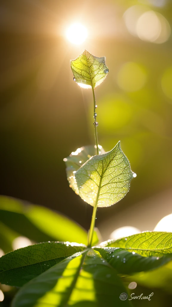 Summer Dream,Translucent leaves,Dreamy lighting,The scattered water drops float in the air and sparkle in the sun,HD,Details,Best quality