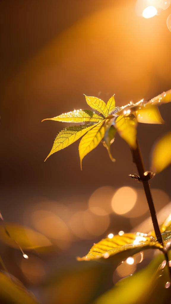 Summer Dream,Translucent leaves,Dreamy lighting,The scattered water drops float in the air and sparkle in the sun,HD,Details,Best quality