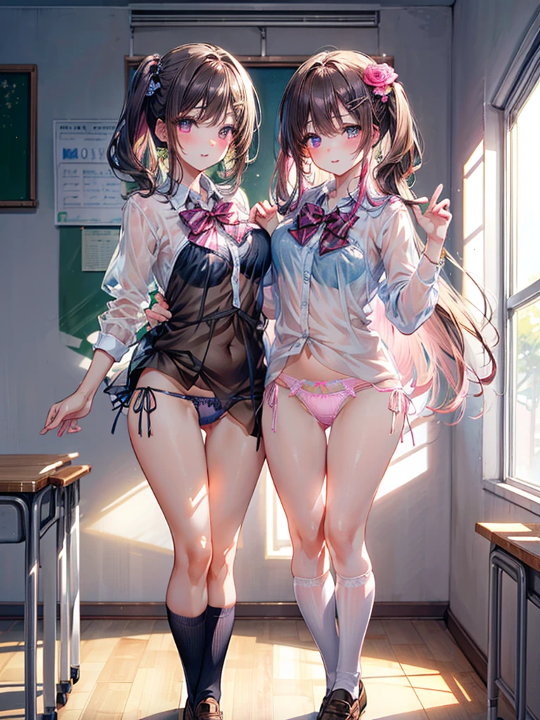 (Best quality, 8k, 32k, Masterpiece, UHD,:1.2),RAW, 2girls,ultra cute , natural lighting,transparent shining eyes, 20yo,medium breast ,fair complexion ,flushed face, (Pink floral hair ornament), brown hair, (See-through sheer micro panties:1.6), cameltoe, School, classroom, loafers, nsfw, shiny, show off panties,