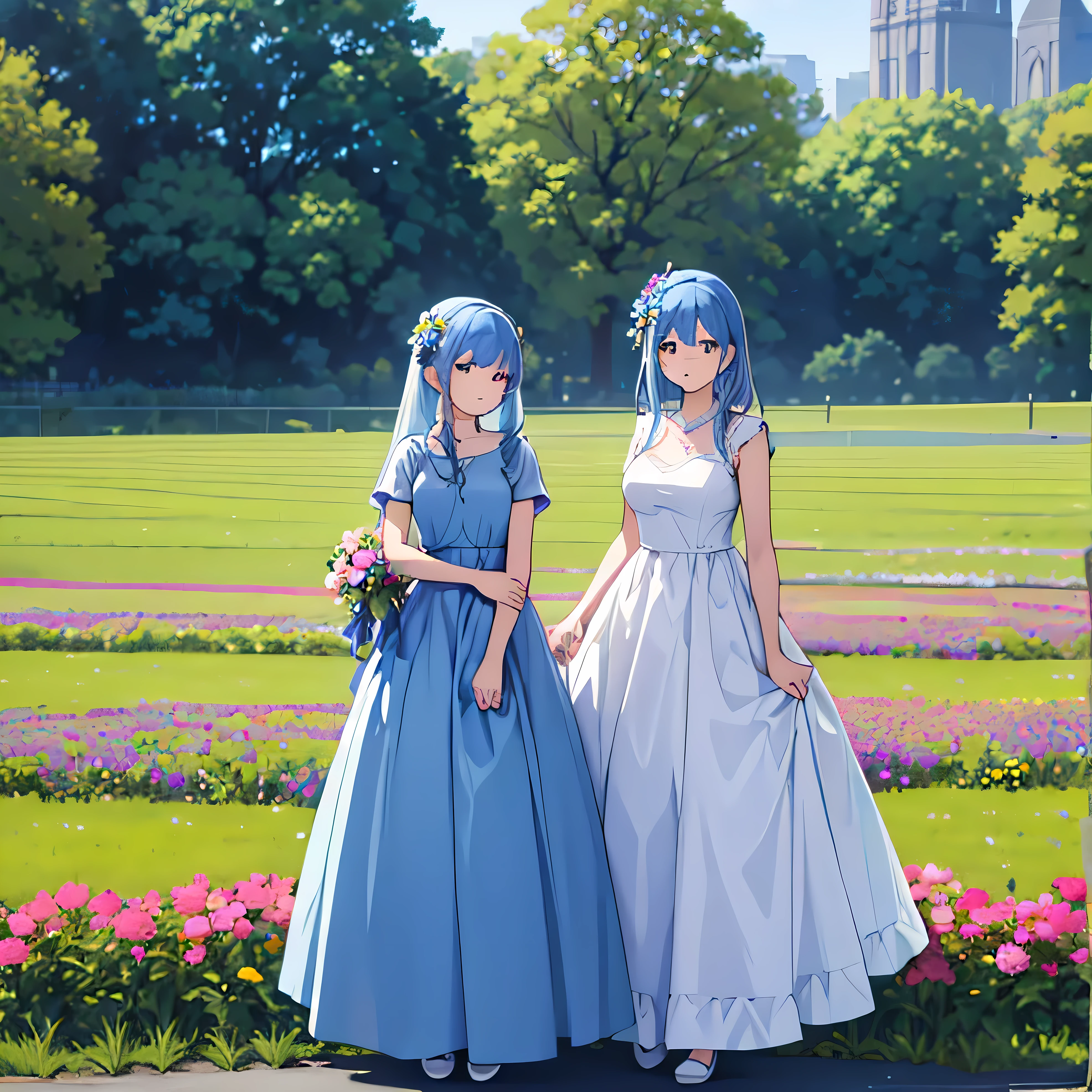 high resolution, 4k, 8k, two female twin sisters, blue hair, formal flowery dress, standing in a beautiful field of flowers