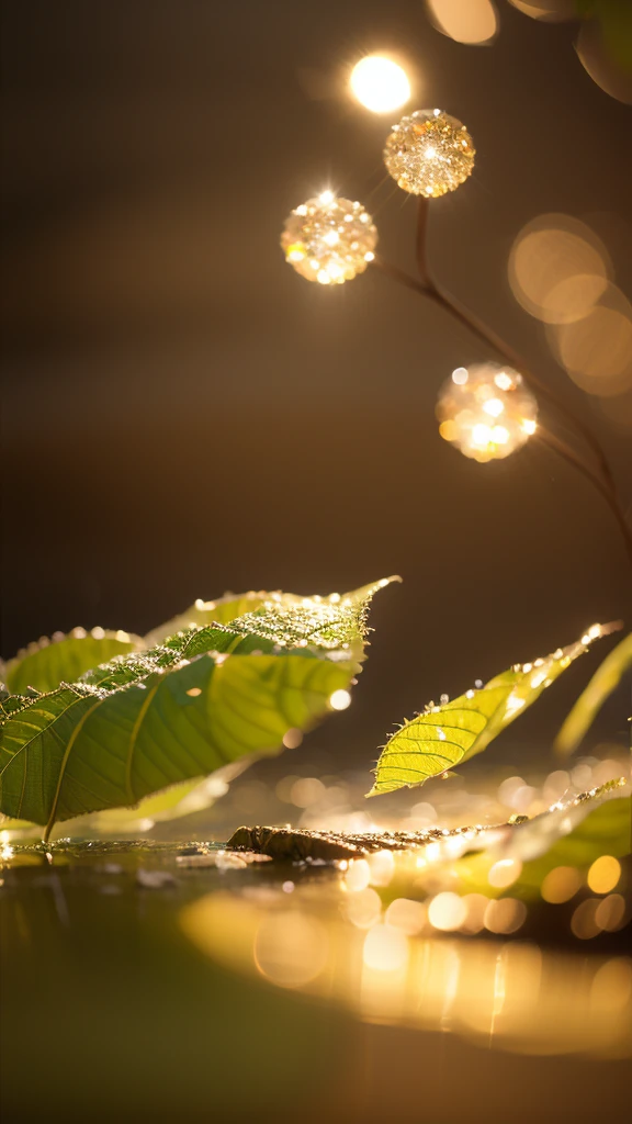 Summer Dream,Translucent leaves,Dreamy lighting,The scattered water drops float in the air and sparkle in the sun,HD,Details,Best quality