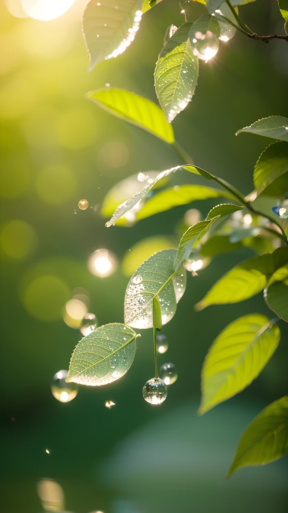 Summer Dream,Translucent leaves,Dreamy lighting,The scattered water drops float in the air and sparkle in the sun,HD,Details,Best quality