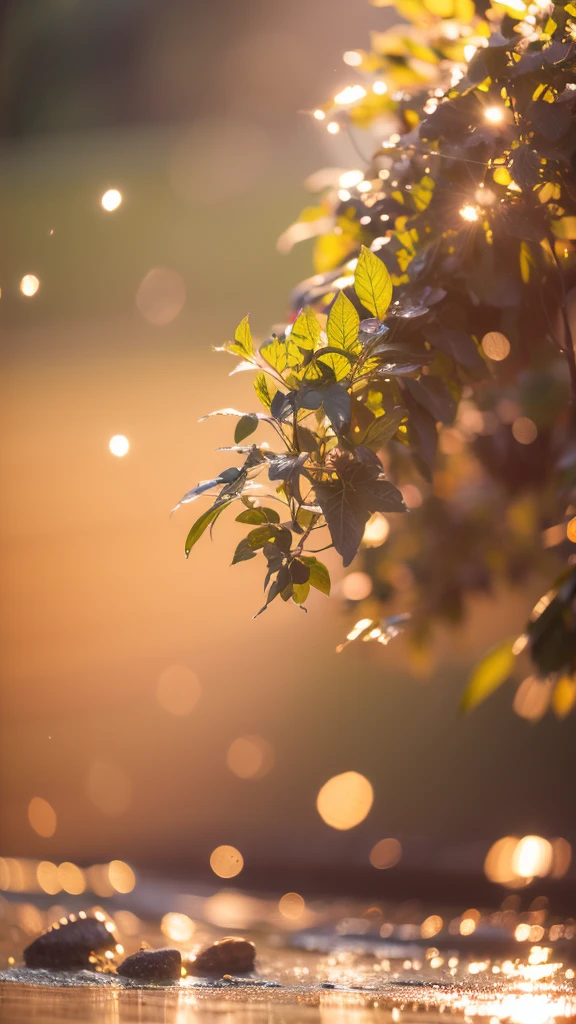 Summer Dream，Translucent leaves，Dreamy lighting，The scattered water drops float in the air and sparkle in the sun，HD，Details，Best quality