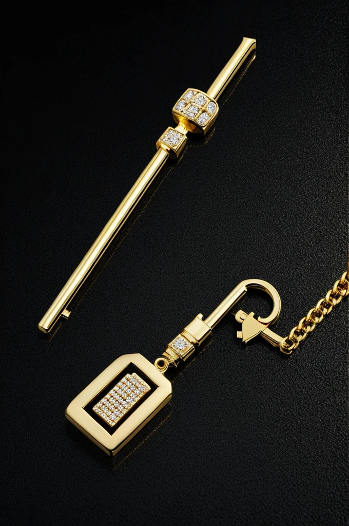 A gold master key with diamonds on a black background