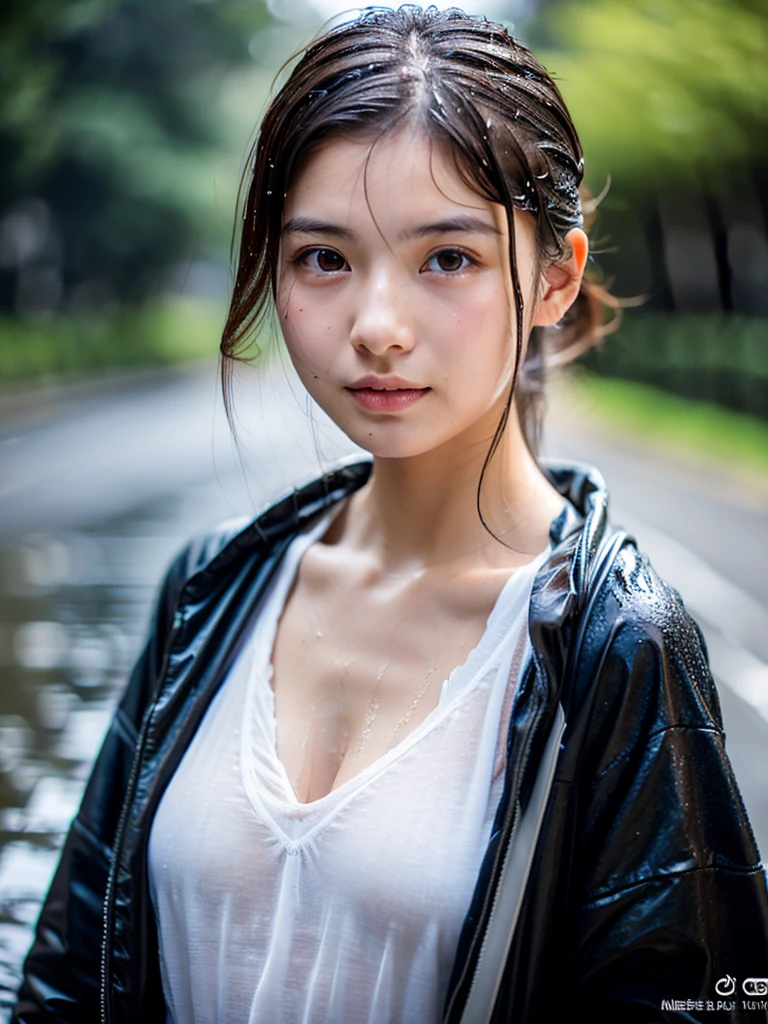 Wet roads ,drenched, Dripping, Wet Face,Wet clothes, Wet Skin, Wet Hair,A young woman with a cute face like a Japanese idol,chest,((Daytime)),(Natural light),(High level of artistry),(Artistic),(Quality indistinguishable from real life),RAW Photos,Genuine,Genuine,High resolution,RAW Photos,masterpiece, beautiful