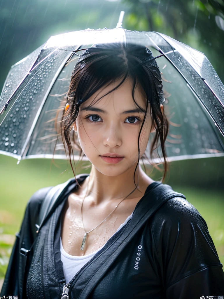 Wet roads ,drenched, Dripping, Wet Face,Wet clothes, Wet Skin, Wet Hair,A young woman with a cute face like a Japanese idol,chest,((Daytime)),(Natural light),(High level of artistry),(Artistic),(Quality indistinguishable from real life),RAW Photos,Genuine,Genuine,High resolution,RAW Photos,masterpiece, beautiful