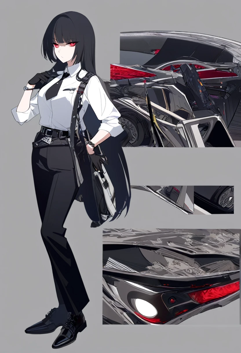 One woman,Dynamic,whole body,Are standing,mysterious,Concept Art,Character Design,Jet black straight hair,The bangs are trimmed to accentuate the eyes.,Well-proportioned face,Sharp Eyes,White shirt,Black tie,Black slacks,Silver cufflinks on the left hand,On the ring finger of her right hand she wears a simple silver ring.。Luxury watches,Black leather shoes,beltでウエストラインを強調,Arknights Wind,Stylish,Red eyes,belt,Stylish,Simple background gray,Details,Okabo Hair,Half-open eyes,Cool appearance,,Black gloves,Short Hair,