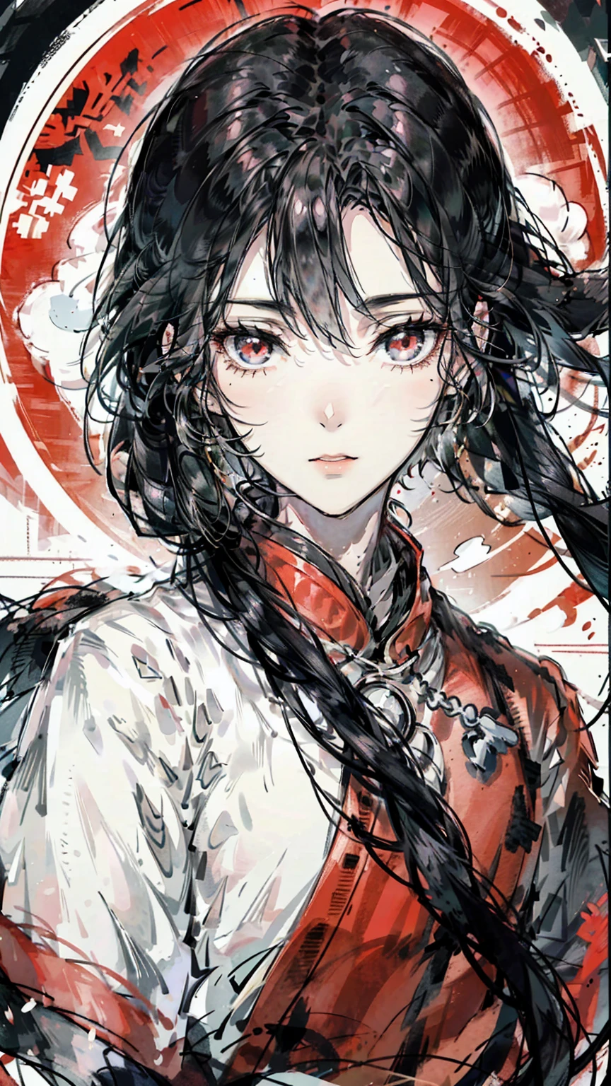 Mature girl, black hair, floating hair, delicate eyes, red pupils, black and red antique damask hanfu, FOV, f1.8, masterpiece, complex scene, gorgeous portrait shot，Full of heroism and heroines