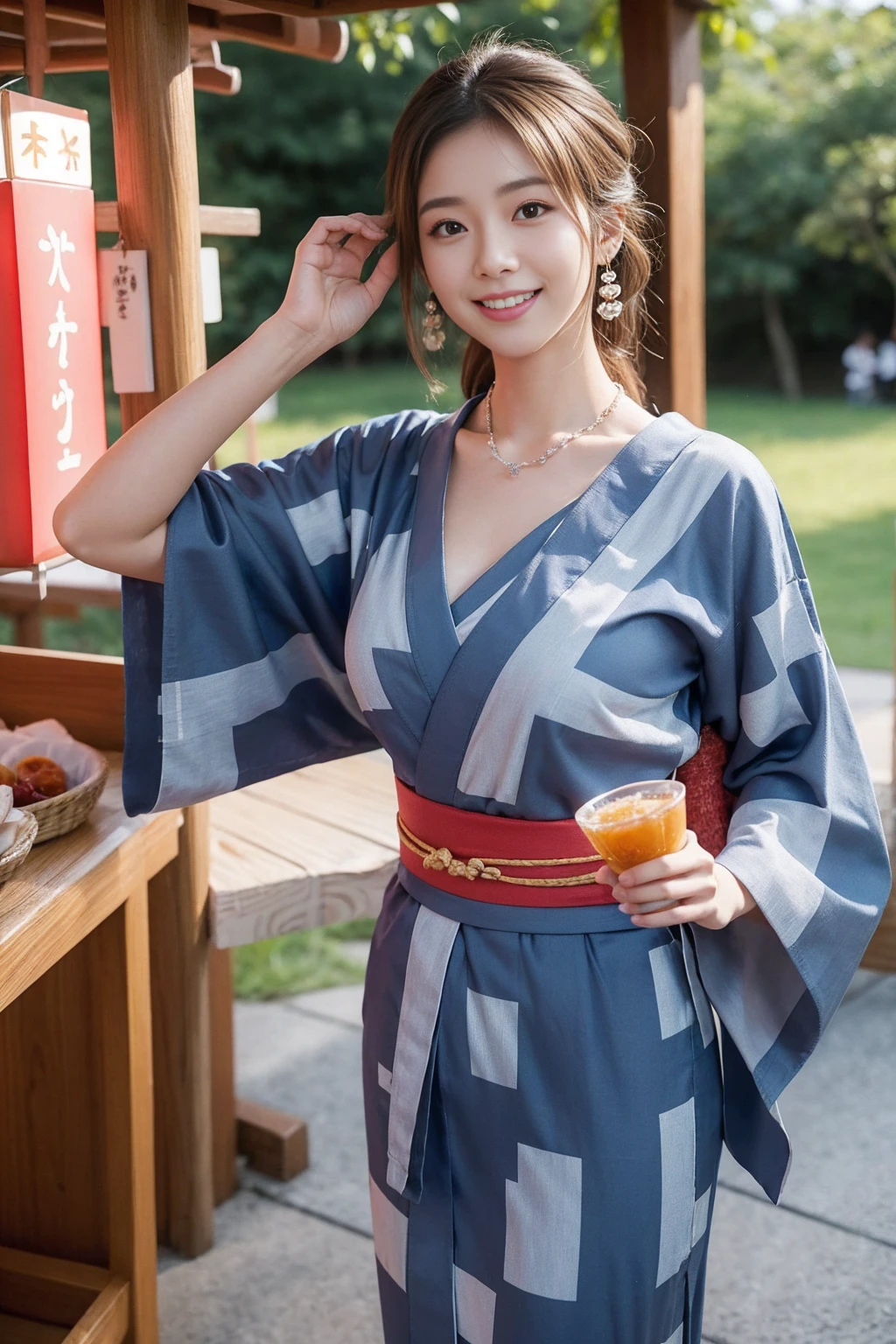 Highest quality,8K, Detailed facial depiction, Detailed description of the eyes,One Woman, Light brown hair(Medium-long hair),Beautiful Japanese Girl,24-years-old,Cute eyes,Cute Smile,Yukata beauty,Navy blue checkered yukata,Slender body, Large, plump breast size, Long and beautiful legs,Smiling, Colorful earrings,necklace,Are standing,Beautiful nape,Japanese Summer Festivals,There are food stalls,Cute pose
