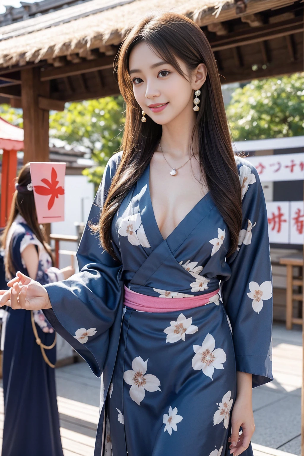 Highest quality,8K, Detailed facial depiction, Detailed description of the eyes,One Woman, Light brown hair(Medium-long hair),Beautiful Japanese Girl,24-years-old,Cute eyes,Cute Smile,Yukata beauty,Navy blue checkered yukata,Slender body, Large, plump breast size, Long and beautiful legs,Smiling, Colorful earrings,necklace,Are standing,Beautiful nape,Japanese Summer Festivals,There are food stalls,Cute pose