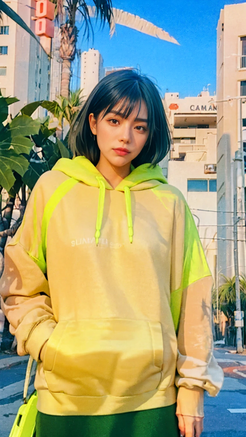 ((long shot photography)) ((best quality)), ((masterpiece)), (detailed),upper body,close-up, 8k, RAW photo,1 girl,smilie,real polaroid photo, beautiful, ultra-realisticdetail face light ????,dark intens shadow black bob hair, almond eye, no makeup, (((blank oversized green neon untucked hoodie))), peach color skirt, in front of ((80's architecture colorful mondrian motel)),(from below:1.2), (realistic:1.1), (surreal:1.2), (very detailed:1.1), ((masterpiece)),(sharp focus), ((real palm trees)),summer, blue sky,,sunny, los angles vibes