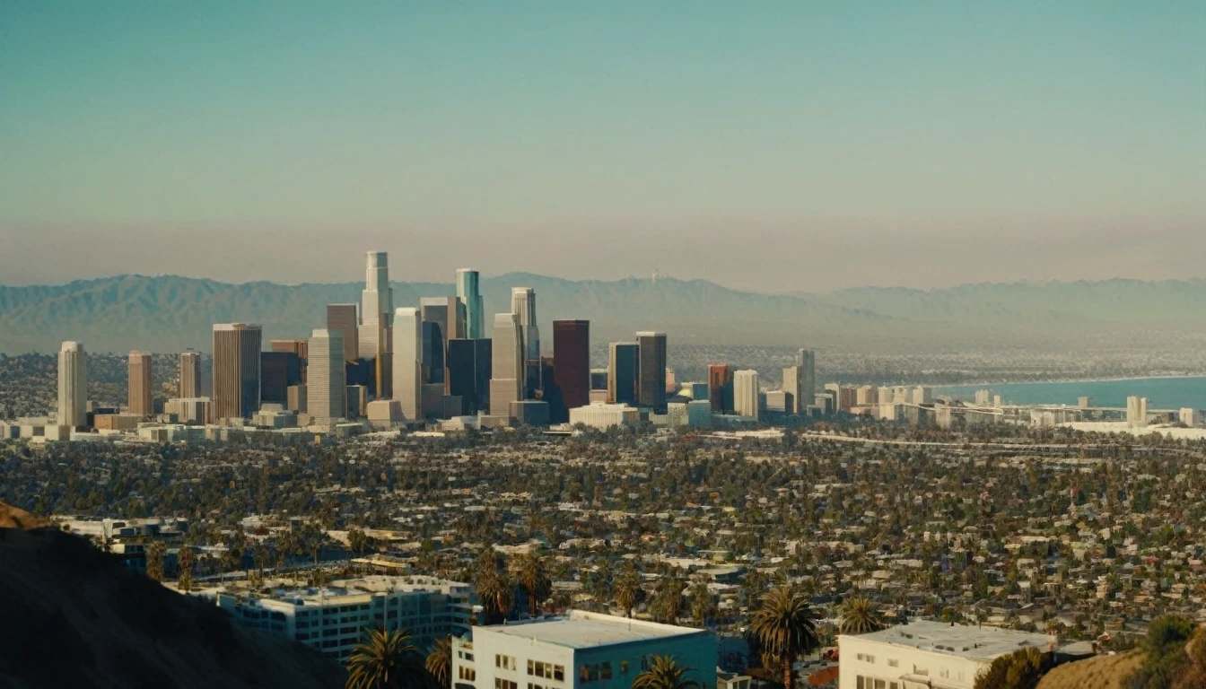 The cinematic traversal camera captures a skyline view of Los Angeles, California in 3060 morning time, camera is travelling through above the ocean and the beach in front of the dysoptian futuristic megacity there are different styled buildings : many different colored materialed and shaped complex constructioned houses and skyscrapers, huge skyscrapers in the background, bustling city with highly intricate details and photorealistic materials.Photorealistic Reflections.Natural lights, neutral colors, lomochrome,dramatic, dynamic composition. Consistent structure of the buildings, static environment,consistent movement of the camera.Contrast lighting, volumetric lighting, best shadows,sharp focus, depth pf field, Realism, Cinematic, Photoreal,Panavision 70s movie styled in color, celluloid, uhd, hdr, 4k, 35mm film Screengrab a 1950s Super Panavision 70 film, in color. Best shadows, best quality. Lifelike textures, sharp focus, depth of field, realism, photorealism, vintage color tones, cinematic lighting, contrast lighting, soft front light, insanely intricate details, hdr, uhd, 8k, 35 mm film, analog camera shot.