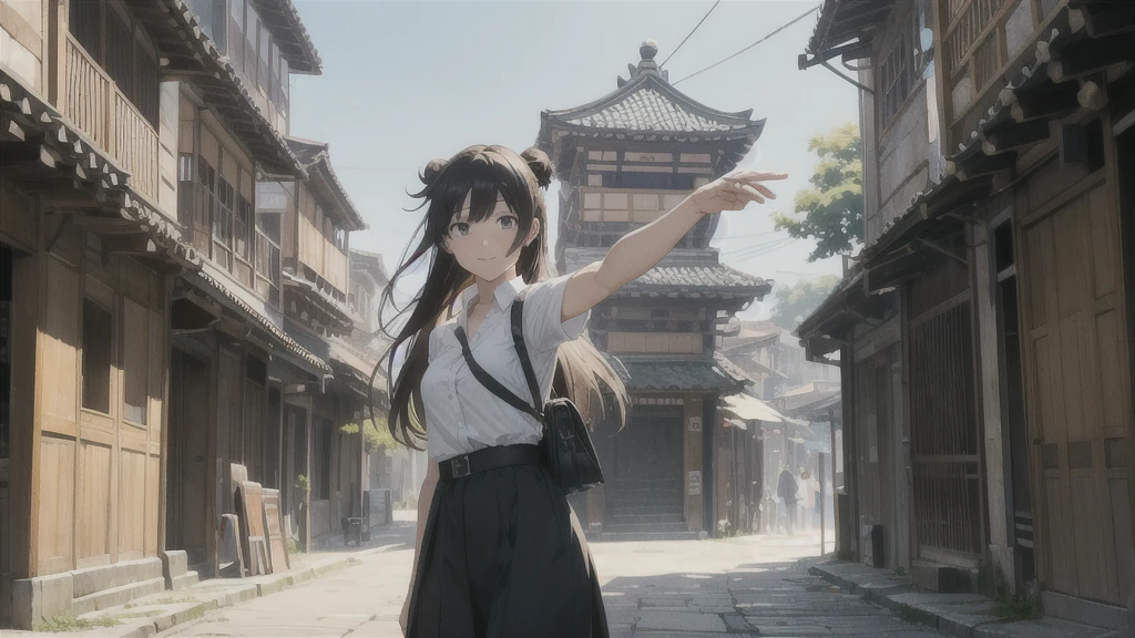 Streets of the ancient city of Nara、Time: noon(Flat Color: 0.8), (masterpiece: 1,2), (masterpiece: 1,2), High Resolution, Ultra high definition, Highest quality, High resolution, Ultra-fine Illustration, Makoto Shinkai style, Your Name is Style, long hair、Bun Hair。Medium Short,Multiple women, Private Server, Laughter, big, Dynamic pose, Selfie, Upper Body