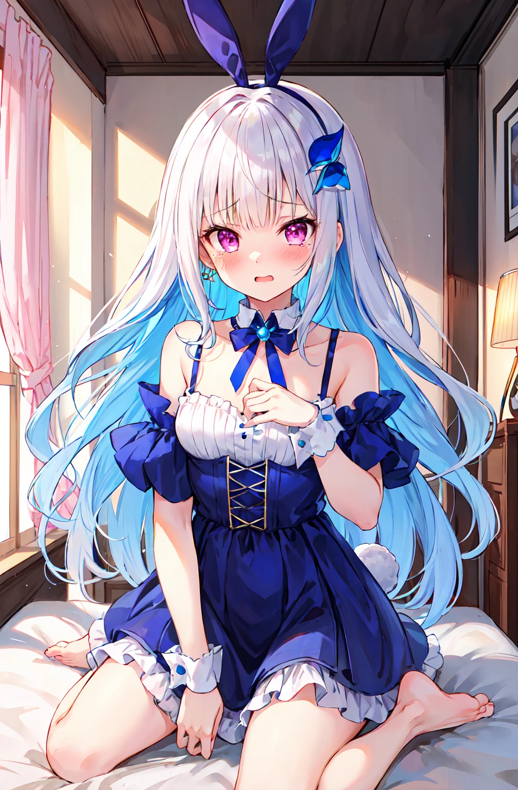 Girl with long hair, Gray Hair, (Blue inner hair:1.25) , Purple eyes, View your viewers, Blushing, Embarrassing, tears, (Embarrassing:1.2), Dress, indoor, Pink Bedroom, rabbit headband, slim, dizzy, Center of chest, Wide Hips, Perfect waist, Daytime atmosphere, hair ornaments, barefoot, Sitting, Kneeling pose
