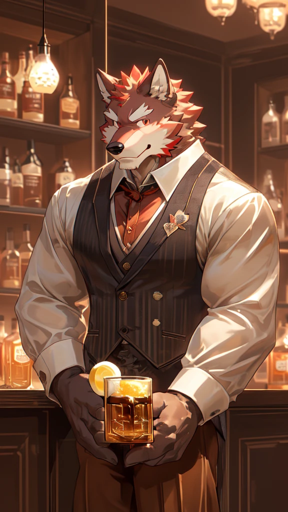 Best quality, diederich olsen (/knights college/), wolf, kemono, nj5furry, Red Fur, Red eyes, Medium Muscular Body, Solo, A charming bartender, elegant Pose, suit, Fierce eyes, Smille, a dimly lit bar, (meticulously garnishing aged whisky in highball glass:1.5), behind the counter