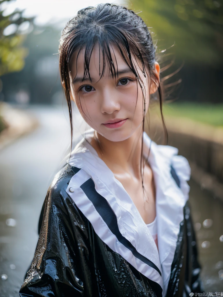 Wet roads ,drenched, Dripping, Wet Face,Wet clothes, Wet Skin, Wet Hair,A young woman with a cute face like a Japanese idol,chest,((Daytime)),(Natural light),(High level of artistry),(Artistic),(Quality indistinguishable from real life),RAW Photos,Genuine,Genuine,High resolution,RAW Photos,masterpiece, beautiful