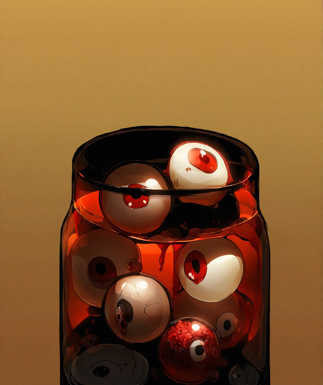 a glass jar filled with eyeballs, eyeballs, blood, early morning