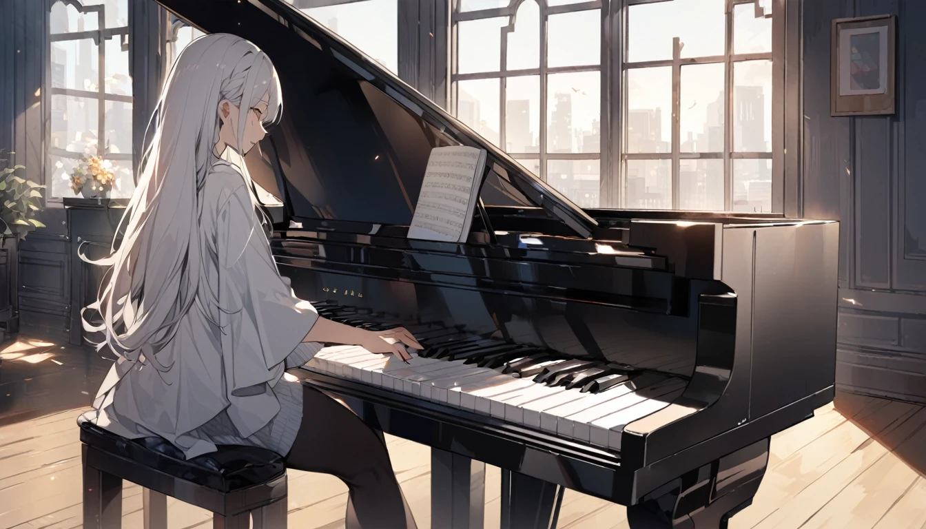 Girl playing piano,Long white hair,In front of a large window,It's raining outside