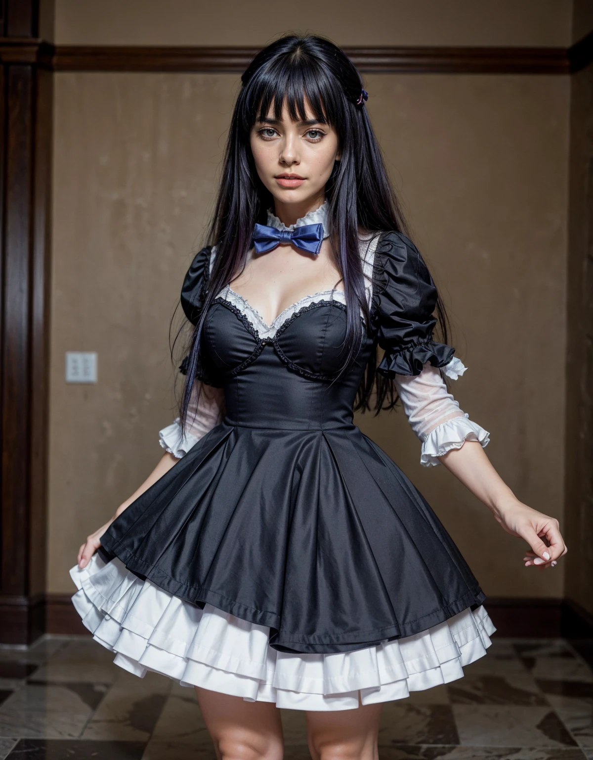 1 chica, full body photography, athletic, strong woman body, slim woman body, bowtie, frills, black dress, puffy sleeves, short over long sleeves, long sleeves, deep-blue hair, long hair, frederica bernkastel, purple hair, dress, bowtie, mary janes, socks, cat tail, tail bow, tail ornament,
purple eyes, constituir, Volumetric lighting, Mejor calidad, obra maestra, detalles intrincados, mapeo de tonos, sharp focus, hiper detallado, tendencia en artstation, Realista, belleza de talla mundial, joy face, vista frontal, detailed background, centered photo, perfectly drawn hands