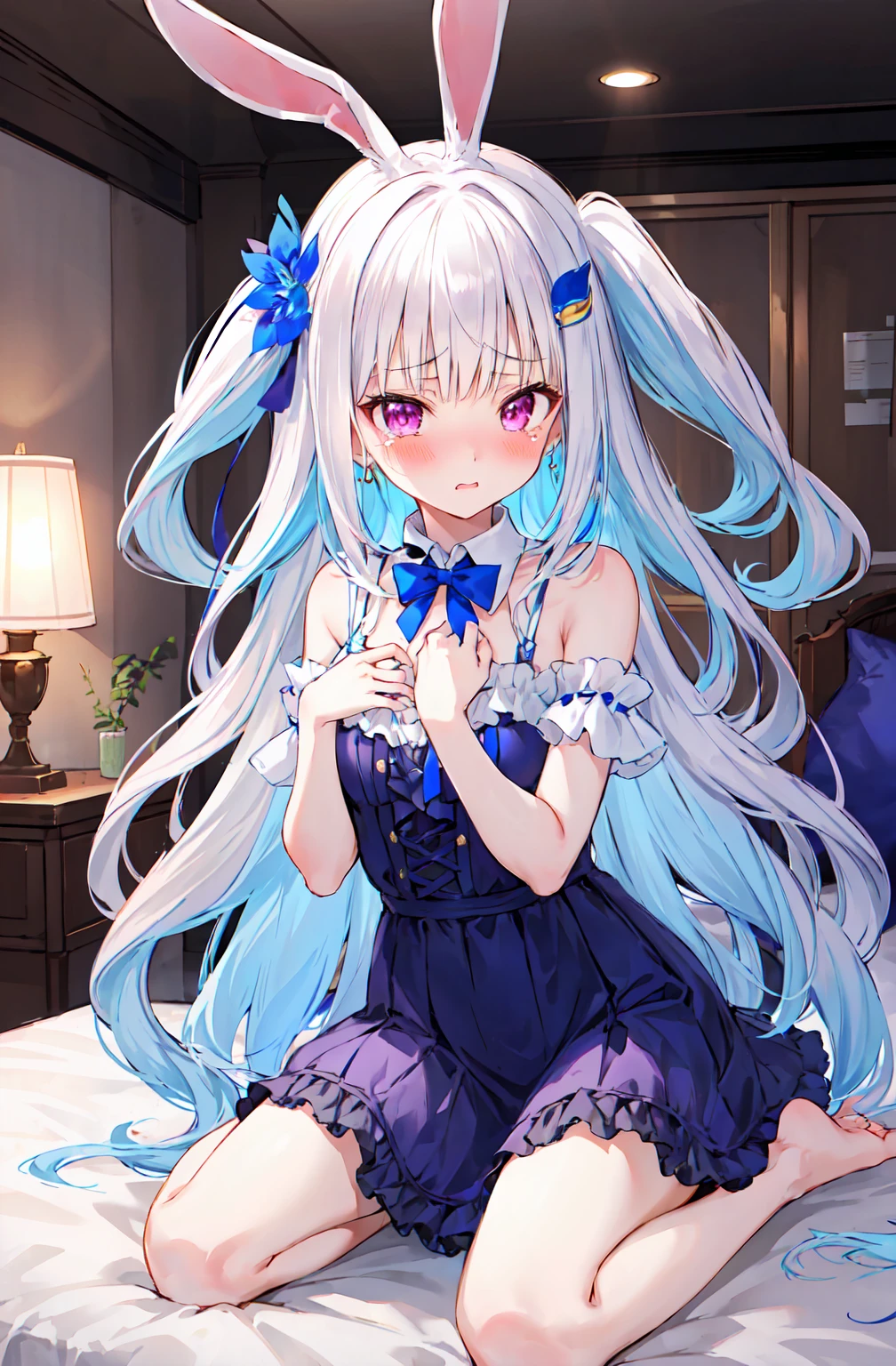 Girl with long hair, Gray Hair, (Blue inner hair:1.25) , Purple eyes, View your viewers, Blushing, Embarrassing, tears, (Embarrassing:1.2), Lolita Dress, indoor, Pink Bedroom, rabbit headband, slim, dizzy, Center of chest, Wide Hips, Perfect waist, Daytime atmosphere, hair ornaments, barefoot, Sitting, Kneeling pose