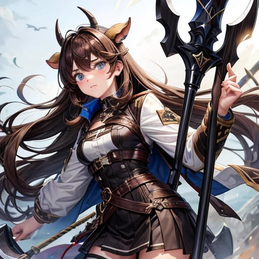 Brown haired Minotaur Blue-eyed beautiful boy Cow horn Cow earless Have a battle axe long hair Crossdresser Wearing a jacket