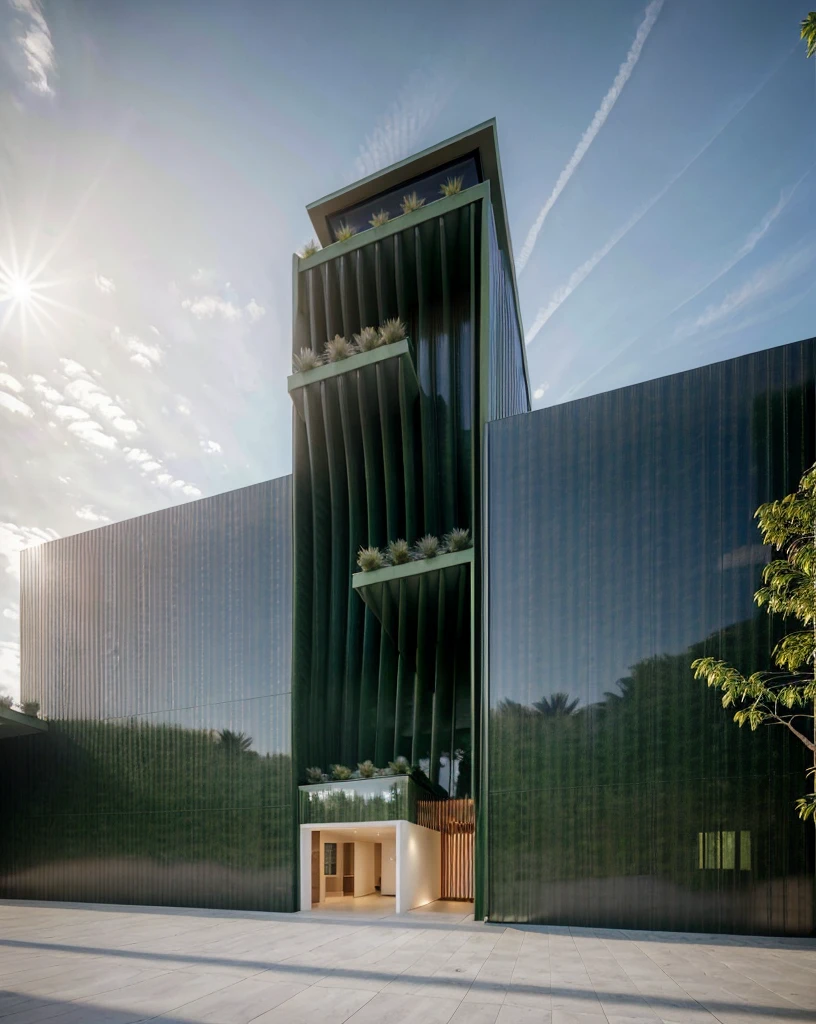 3dsmax render, Realistic Photo, palm and green architecture, Provide a highly detailed visual description of the exterior facade, focusing on the flowing, curved wave shapes and how they create a dynamic, sculptural look, Describe the overall massing, scale, and grandeur of the building's design, Discuss how the undulating facade interacts with light and shadow to create a sense of movement, Note any distinctive architectural features like the entrance, canopies, etc. that reinforce the wave design motif, Describe the interior spaces and how they relate to the exterior sculptural form, Use vivid descriptive language to convey a sense of awe and appreciation for the innovative, creative design, Analyze how the building defies conventional design norms yet achieves functionality, Contextualize it as an iconic addition to the cityscape and a new landmark, Discuss the broader significance of the design as pushing boundaries in modern architecture