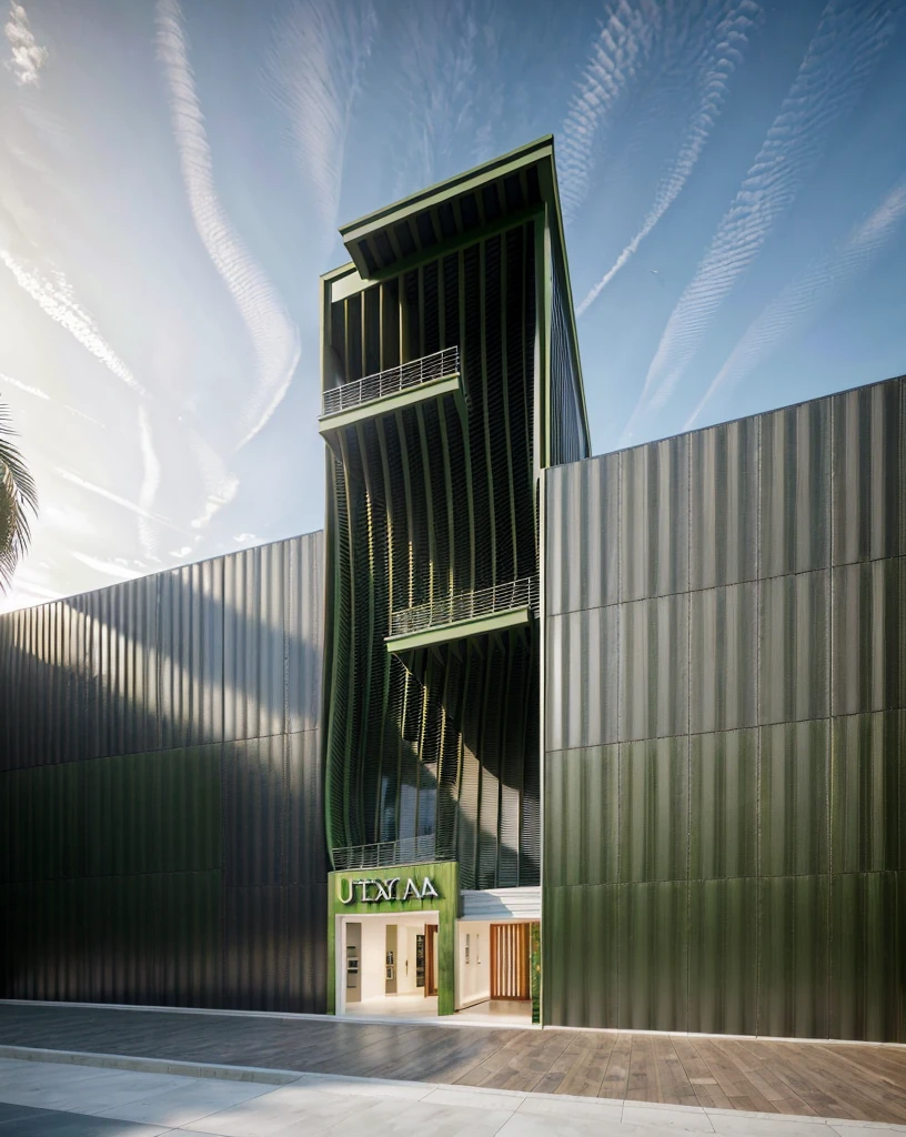 3dsmax render, Realistic Photo, palm and green architecture, Provide a highly detailed visual description of the exterior facade, focusing on the flowing, curved wave shapes and how they create a dynamic, sculptural look, Describe the overall massing, scale, and grandeur of the building's design, Discuss how the undulating facade interacts with light and shadow to create a sense of movement, Note any distinctive architectural features like the entrance, canopies, etc. that reinforce the wave design motif, Describe the interior spaces and how they relate to the exterior sculptural form, Use vivid descriptive language to convey a sense of awe and appreciation for the innovative, creative design, Analyze how the building defies conventional design norms yet achieves functionality, Contextualize it as an iconic addition to the cityscape and a new landmark, Discuss the broader significance of the design as pushing boundaries in modern architecture