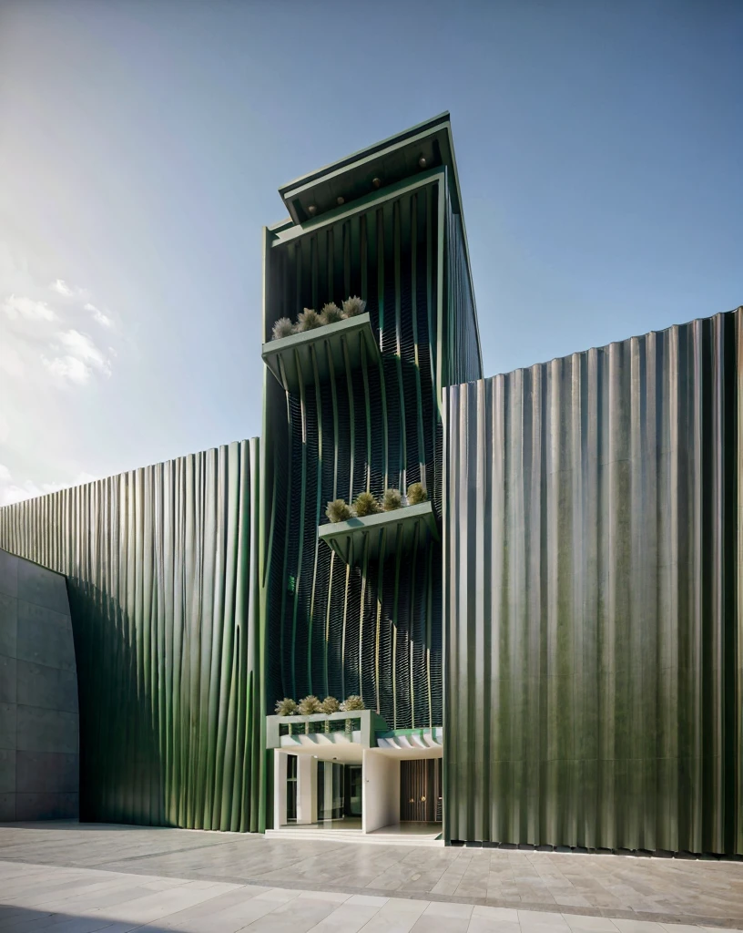 3dsmax render, Realistic Photo, palm and green architecture, Provide a highly detailed visual description of the exterior facade, focusing on the flowing, curved wave shapes and how they create a dynamic, sculptural look, Describe the overall massing, scale, and grandeur of the building's design, Discuss how the undulating facade interacts with light and shadow to create a sense of movement, Note any distinctive architectural features like the entrance, canopies, etc. that reinforce the wave design motif, Describe the interior spaces and how they relate to the exterior sculptural form, Use vivid descriptive language to convey a sense of awe and appreciation for the innovative, creative design, Analyze how the building defies conventional design norms yet achieves functionality, Contextualize it as an iconic addition to the cityscape and a new landmark, Discuss the broader significance of the design as pushing boundaries in modern architecture