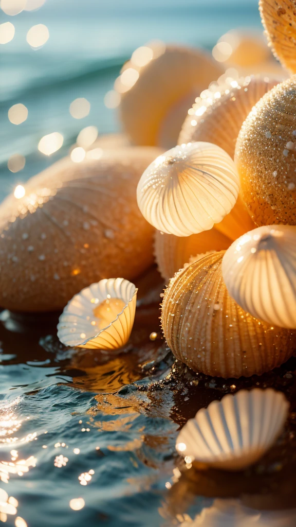 Summer Dream,Translucent shells,Dreamy lighting,The scattered water drops float in the air and sparkle in the sun,HD,Details,Best quality