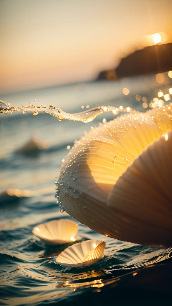 Summer Dream,Translucent shells,Dreamy lighting,The scattered water drops float in the air and sparkle in the sun,HD,Details,Best quality