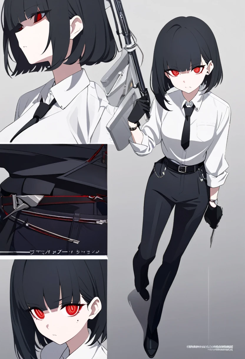 One woman,Dynamic,whole body,Are standing,mysterious,Concept Art,Character Design,Jet black straight hair,The bangs are trimmed to accentuate the eyes.,Well-proportioned face,Sharp Eyes,White shirt,Black tie,Black slacks,Silver cufflinks on the left hand,On the ring finger of her right hand she wears a simple silver ring.。Luxury watches,Black leather shoes,beltでウエストラインを強調,Arknights Wind,Stylish,Red eyes,belt,Stylish,Simple background gray,Details,Okabo Hair,Half-open eyes,Cool appearance,,Black gloves,Short Hair,Narrow eyes,