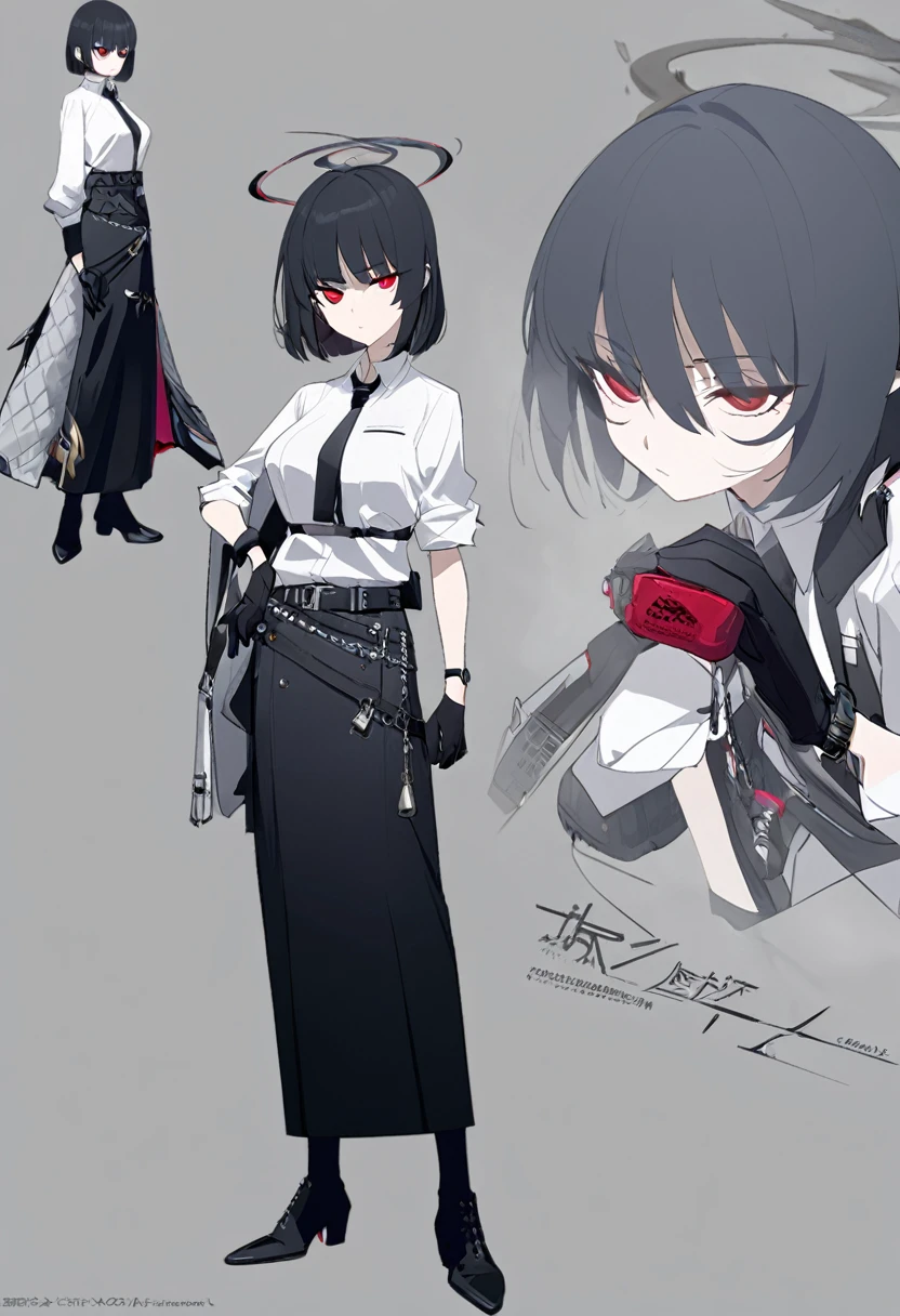 One woman,Dynamic,whole body,Are standing,mysterious,Concept Art,Character Design,Jet black straight hair,The bangs are trimmed to accentuate the eyes.,Well-proportioned face,Sharp Eyes,White shirt,Black tie,Black slacks,Silver cufflinks on the left hand,On the ring finger of her right hand she wears a simple silver ring.。Luxury watches,Black leather shoes,beltでウエストラインを強調,Arknights Wind,Stylish,Red eyes,belt,Stylish,Simple background gray,Details,Okabo Hair,Half-open eyes,Cool appearance,,Black gloves,Short Hair,Narrow eyes,